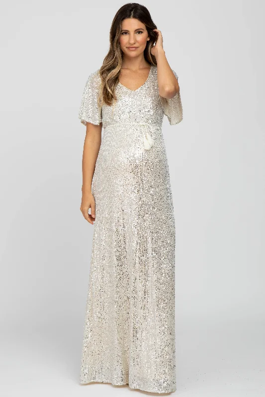 Women's Clothes For Special Occasions Limited Time Cream Sequin Short Sleeve Maternity Maxi Dress