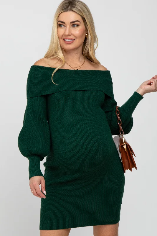 Affordable Trendy Clothes For Women Cozy Comfort Style Sale Forest Green Off Shoulder Bubble Sleeve Maternity Sweater Dress