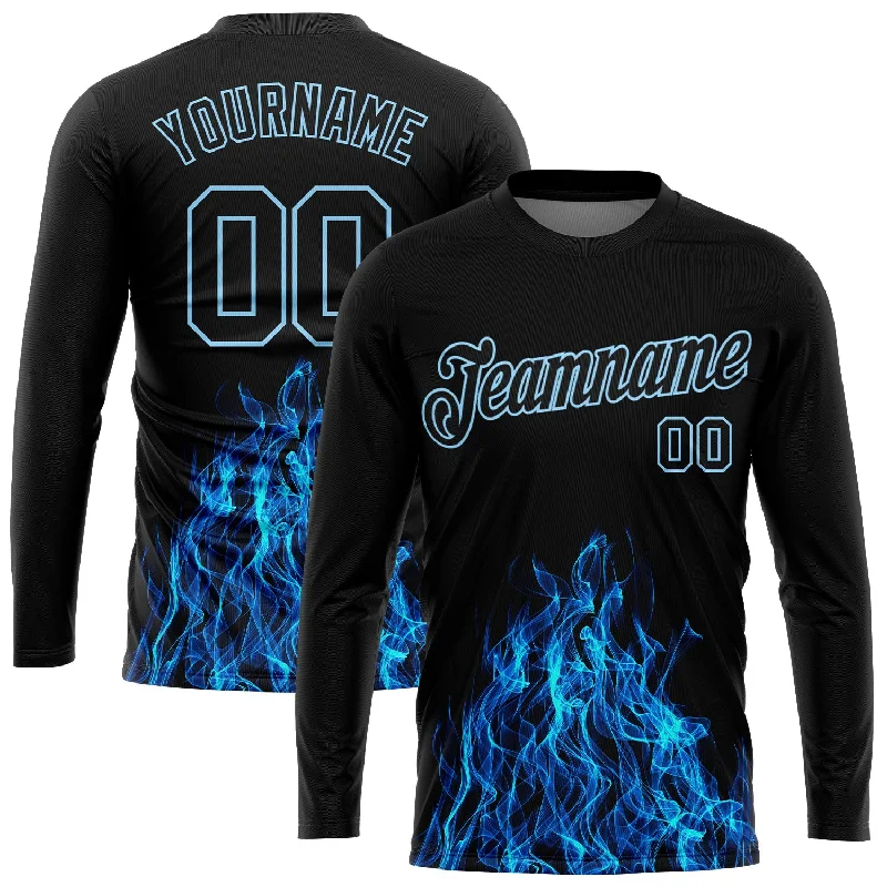 Versatile And Stylish Unisex Apparel Sophisticated Style Offers Custom Black Black-Light Blue Flame 3D Pattern Long Sleeve Performance T-Shirt