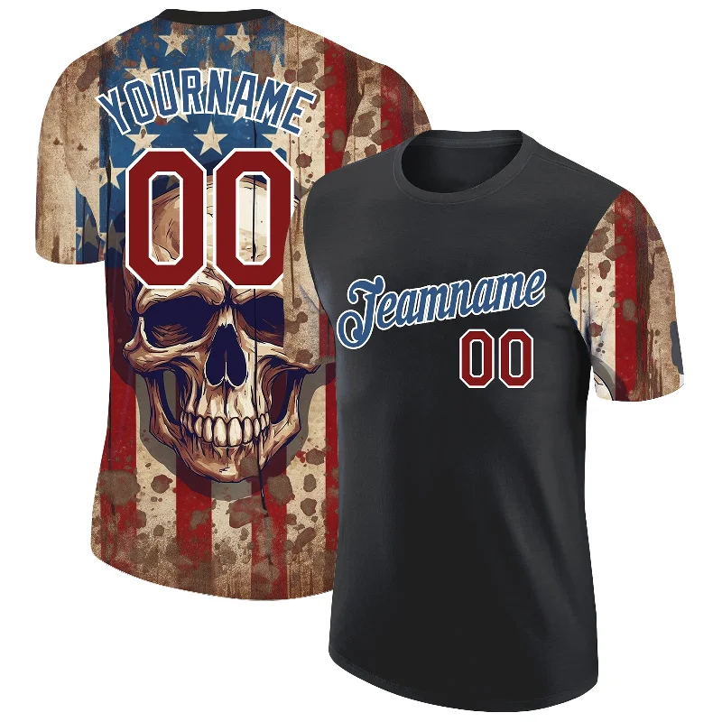 Casual And Trendy Unisex Fashion Staples Seasonal Trends Custom Black Crimson-Blue 3D Skull With American Flag Performance T-Shirt