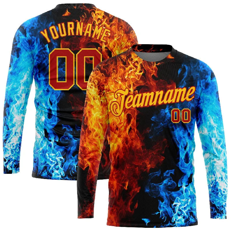 Casual Yet Sophisticated Unisex Fashion Chic And Edgy Custom Black Red Gold Royal-Light Blue Flame 3D Pattern Long Sleeve Performance T-Shirt