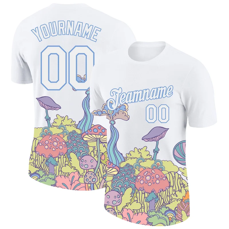 Sustainable Gender-Neutral Apparel Sophisticated Fashion Custom White Light Blue 3D Pattern Design Colorful Flowers And Mushrooms Psychedelic Hallucination Performance T-Shirt