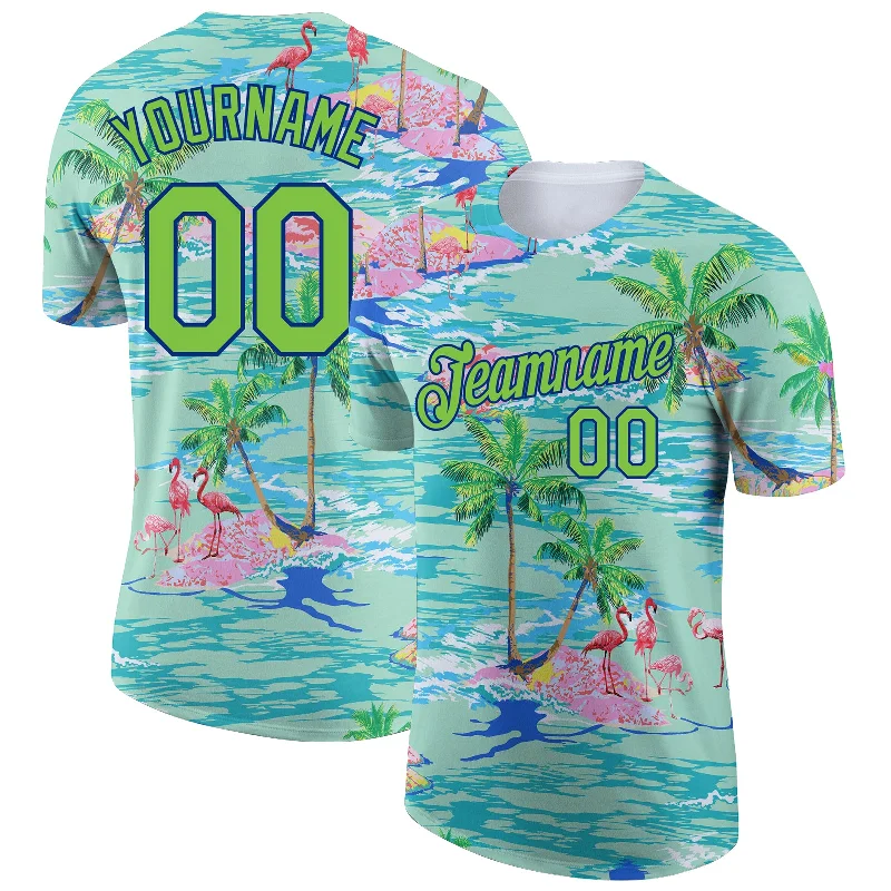 High-Quality Unisex Basics For All Occasions Street Style Discounts Custom Lakes Blue Neon Green-Navy 3D Pattern Design Beach Hawaii Palm Trees And Flamingo Performance T-Shirt