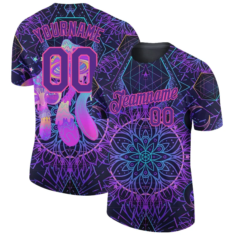 Oversized Unisex Fashion Pieces Fashionista Favorites Custom Black Purple-Pink 3D Pattern Design Magic Mushrooms Over Sacred Geometry Psychedelic Hallucination Performance T-Shirt