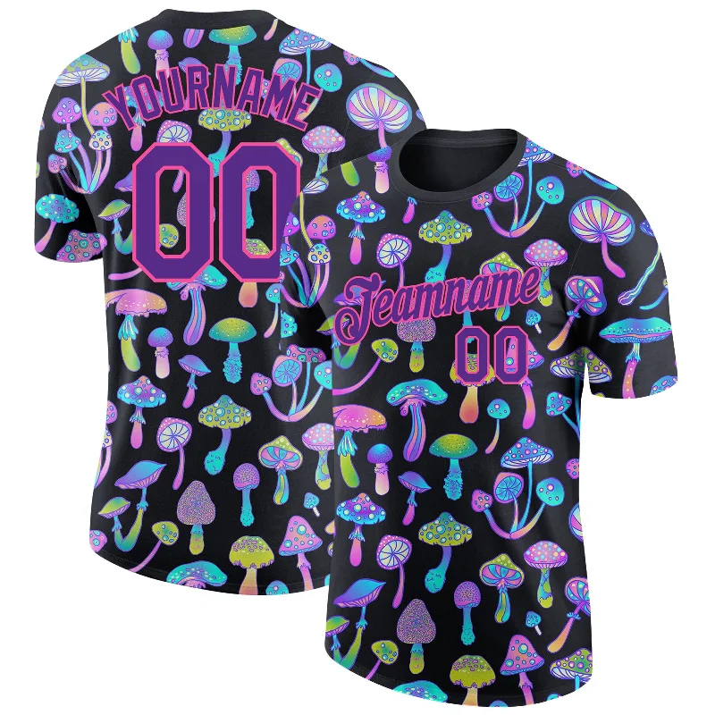 Breathable And Lightweight Unisex Wear Trendy Women'S Wear Collection Custom Black Purple-Pink 3D Pattern Design Magic Mushrooms Psychedelic Hallucination Performance T-Shirt