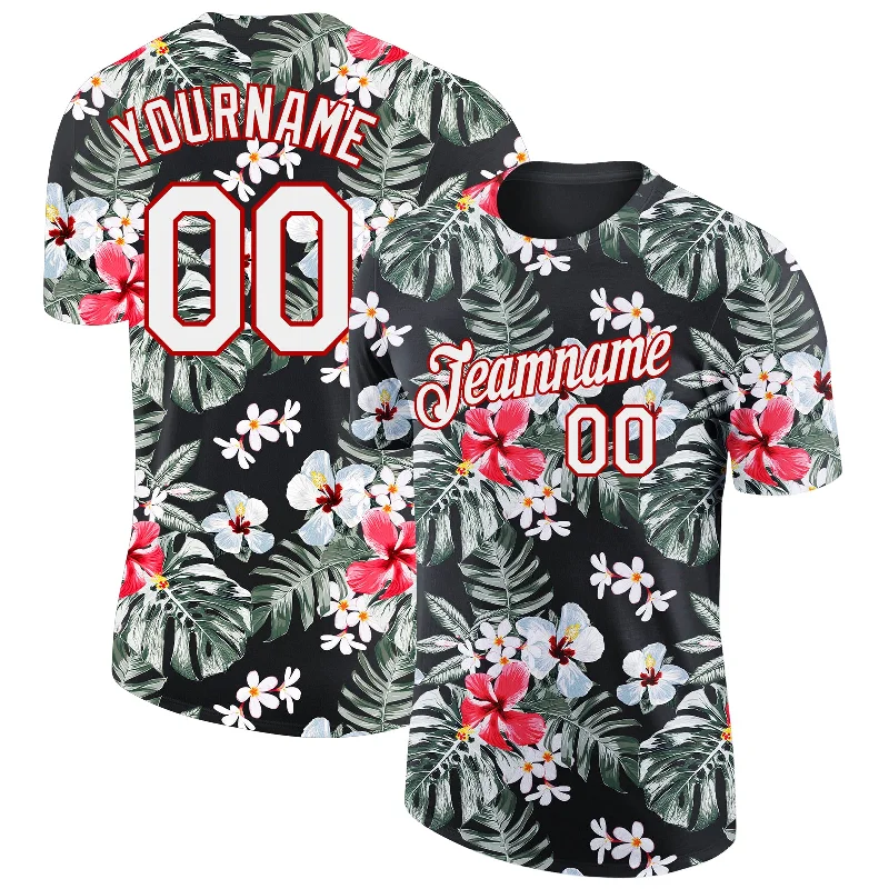 Classic Unisex Fashion Looks Romantic Chic Deals Custom Black White-Red 3D Pattern Design Tropical Hawaii Plant Performance T-Shirt