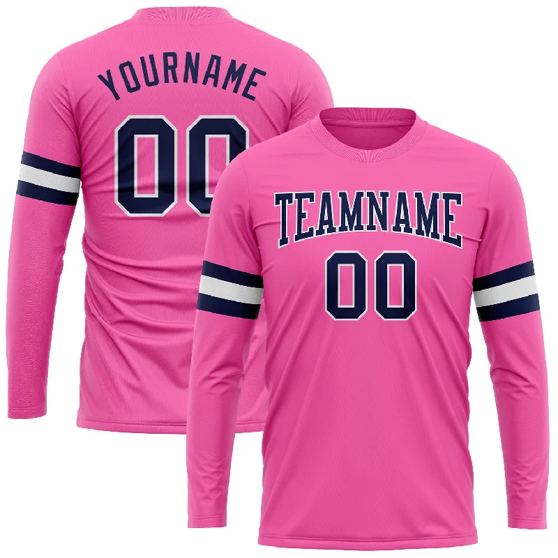 Gender-Neutral Trendy Clothing Styles Casual Yet Chic Sales Custom Pink Navy-White Long Sleeve Performance T-Shirt