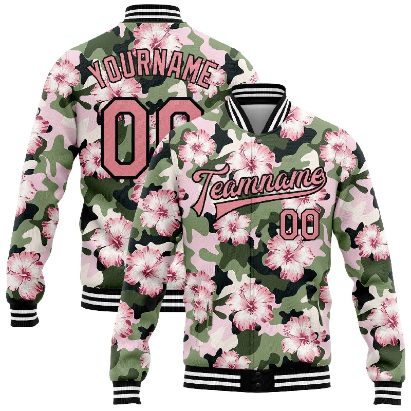 Breathable And Lightweight Unisex Wear Fashion Sale Custom Camo Pink-Black Hibiscus Flower 3D Pattern Design Bomber Full-Snap Varsity Letterman Salute To Service Jacket