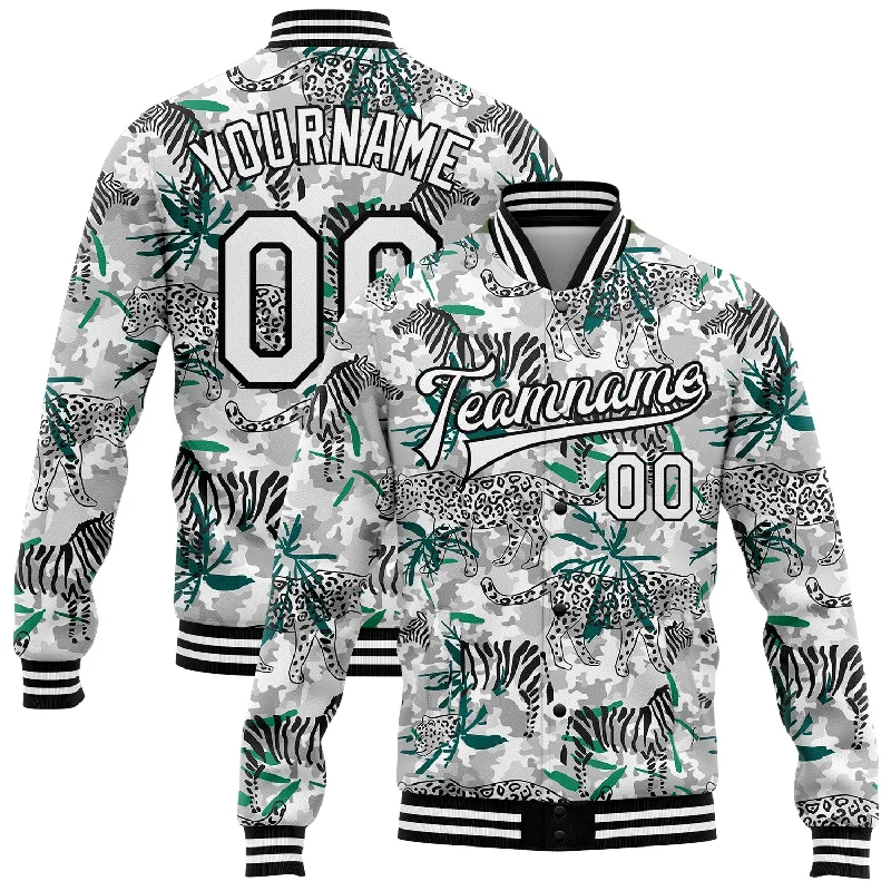 Relaxed-Fit Unisex Clothing Options Fashion Essentials Custom Camo White-Black Tropical Jungle Animal 3D Pattern Design Bomber Full-Snap Varsity Letterman Salute To Service Jacket