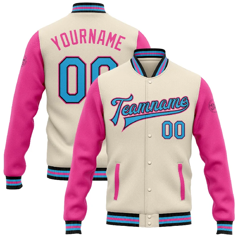 Bold And Trendy Gender-Neutral Outfits Fashion Forward, Function First Custom Cream Sky Blue Black-Pink Bomber Full-Snap Varsity Letterman Two Tone Jacket