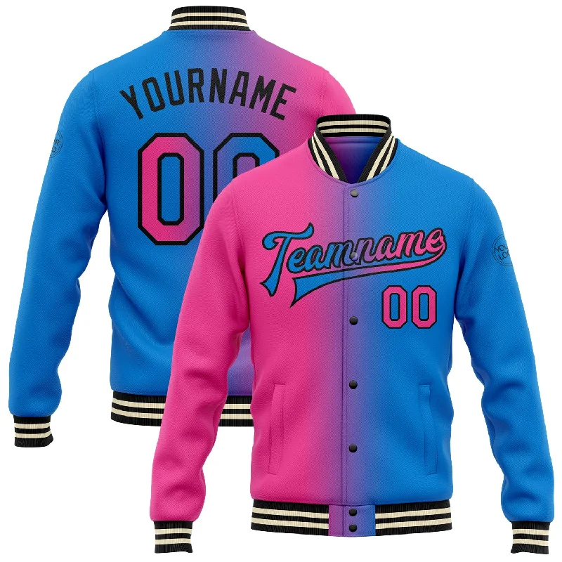 Urban-Inspired Unisex Fashion Trends Contemporary Fashion Sale Custom Powder Blue Pink-Black Bomber Full-Snap Varsity Letterman Gradient Fashion Jacket