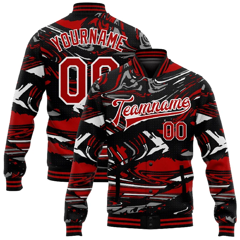 Functional And Stylish Unisex Outerwear Polished Style Deals Custom Figure Red-Black 3D Pattern Design Bomber Full-Snap Varsity Letterman Jacket