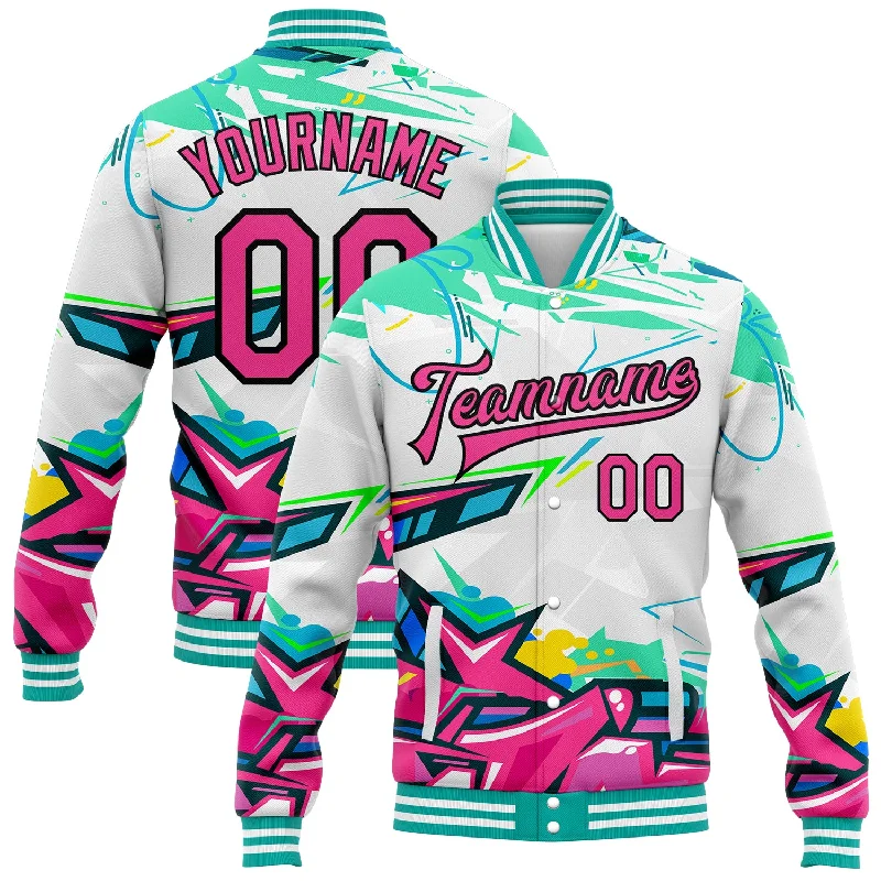 Oversized Unisex Fashion Pieces Unleash Your Trend Driven Style Custom Graffiti Pattern Pink-Black Abstract Splashes 3D Bomber Full-Snap Varsity Letterman Jacket