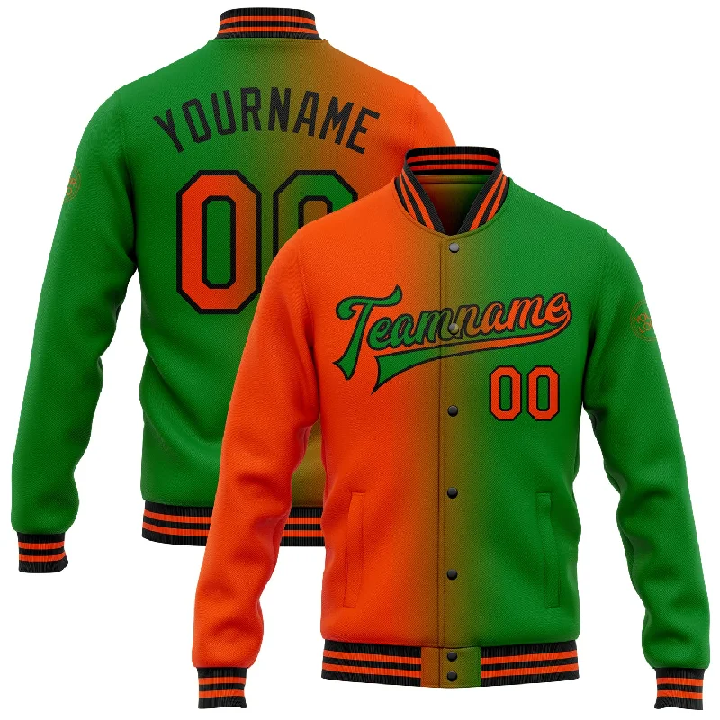 Versatile And Stylish Unisex Apparel Fashionista Sale Custom Grass Green Orange-Black Bomber Full-Snap Varsity Letterman Gradient Fashion Jacket