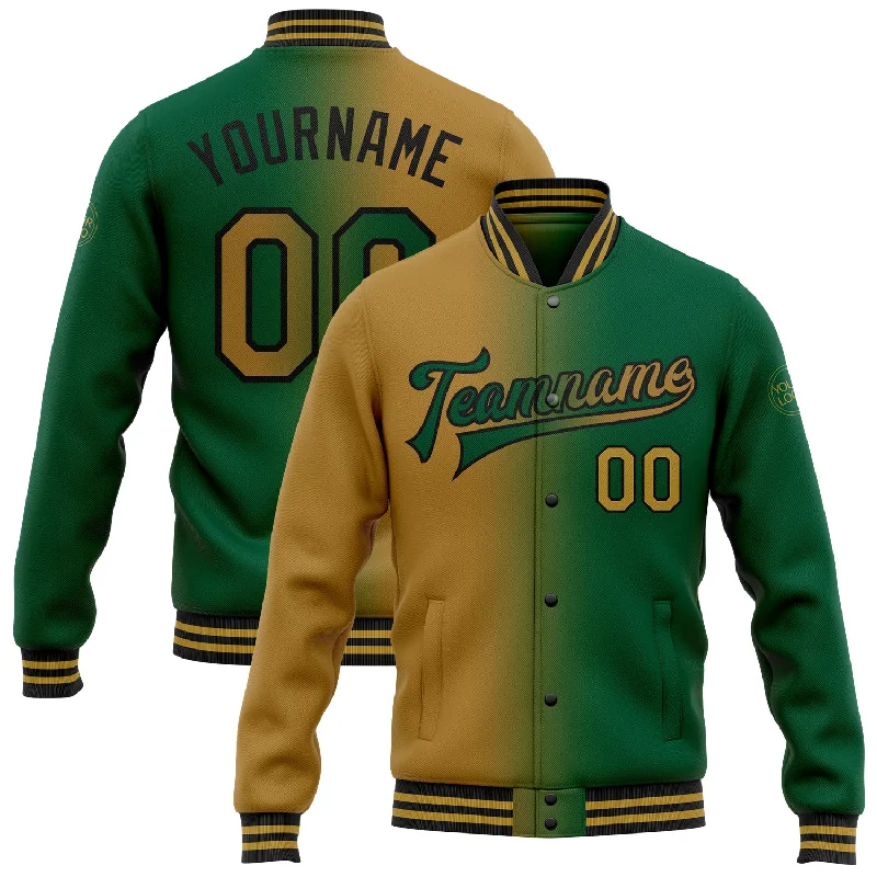 Oversized Unisex Fashion Pieces Unleash Your Fashion Custom Kelly Green Old Gold-Black Bomber Full-Snap Varsity Letterman Gradient Fashion Jacket