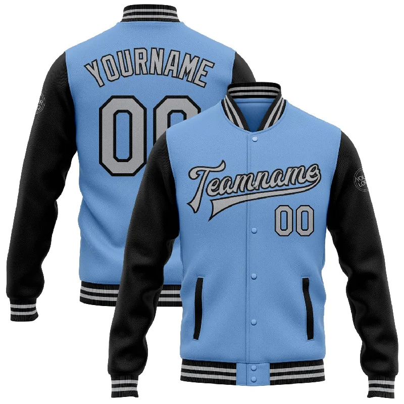 Oversized Unisex Fashion Pieces Casual Chic Deals Custom Light Blue Gray-Black Bomber Full-Snap Varsity Letterman Two Tone Jacket