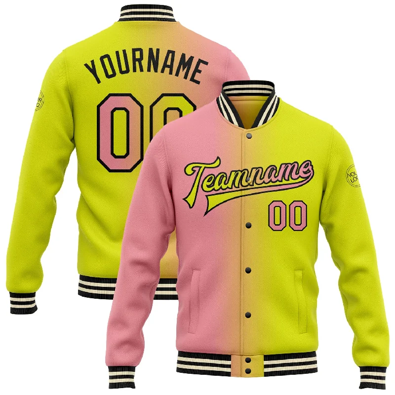 Fashion-Forward Gender-Neutral Outfit Ideas Athleisure Style Sale Custom Neon Yellow Medium Pink-Black Bomber Full-Snap Varsity Letterman Gradient Fashion Jacket