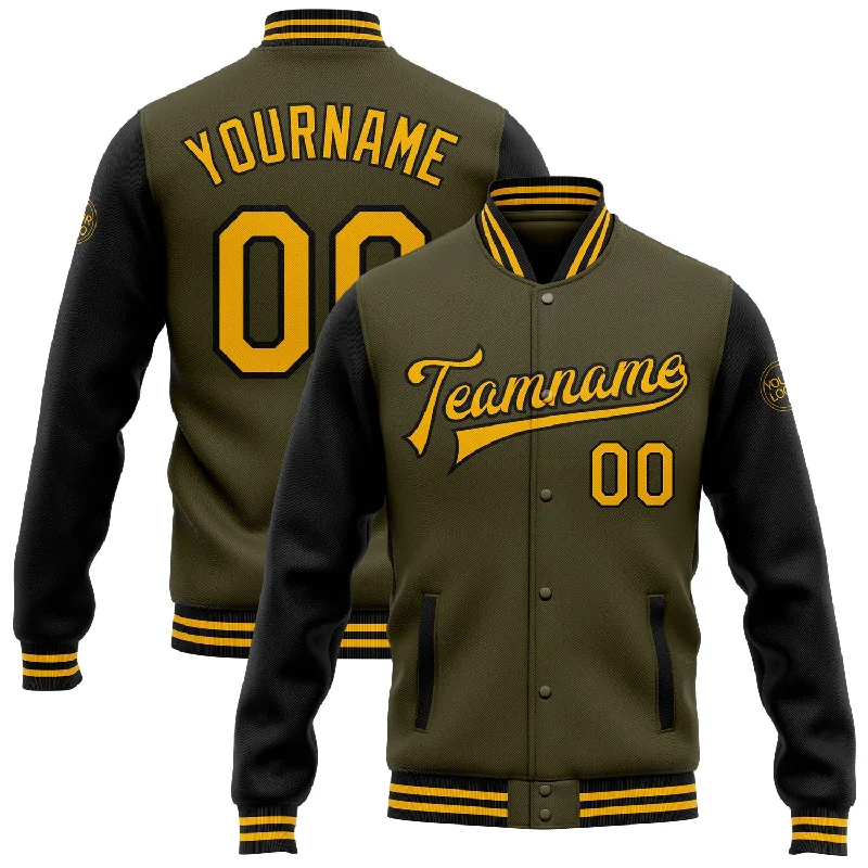 Chic And Casual Unisex Fashion Trends Luxury Casual Deals Custom Olive Gold-Black Bomber Full-Snap Varsity Letterman Two Tone Salute To Service Jacket