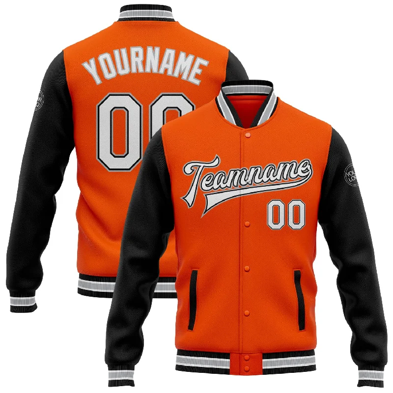 Modern Unisex Clothing For Any Occasion Sophisticated Street Style Offers Custom Orange White Black-Gray Bomber Full-Snap Varsity Letterman Two Tone Jacket