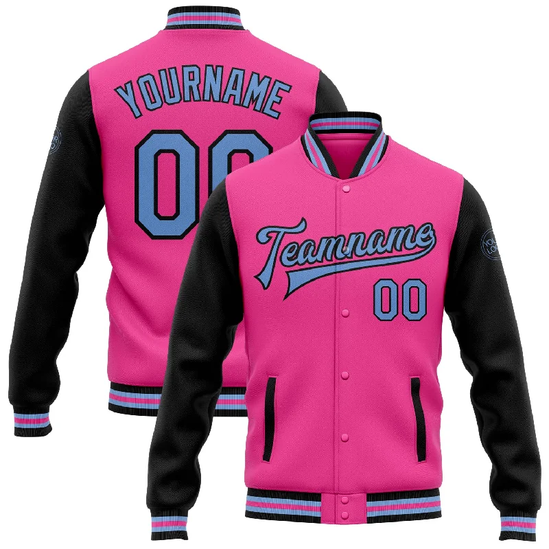 Lightweight And Breathable Unisex Wear Flash Sale Custom Pink Light Blue-Black Bomber Full-Snap Varsity Letterman Two Tone Jacket