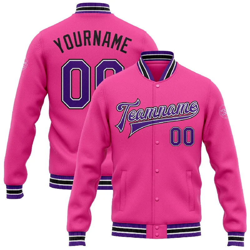 Unisex Everyday Fashion Essentials Limited Time Deal Custom Pink Purple-Black Bomber Full-Snap Varsity Letterman Jacket