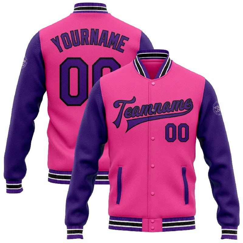 Unisex Everyday Fashion Essentials Fashionable Comfort Promotions Custom Pink Purple-Black Bomber Full-Snap Varsity Letterman Two Tone Jacket