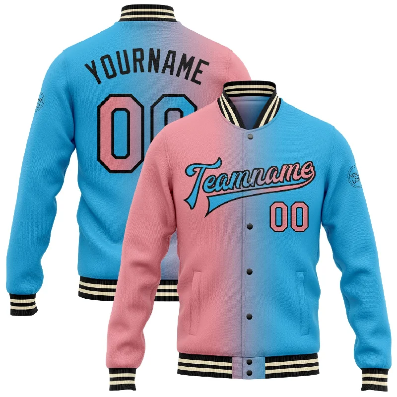 Sleek And Comfortable Unisex Wear Sporty Fashion Offers Custom Sky Blue Medium Pink-Black Bomber Full-Snap Varsity Letterman Gradient Fashion Jacket