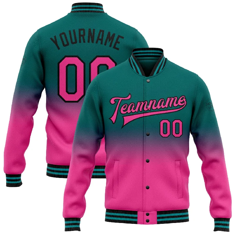 Classic And Timeless Unisex Style Fashion-Forward Custom Teal Pink-Black Bomber Full-Snap Varsity Letterman Fade Fashion Jacket