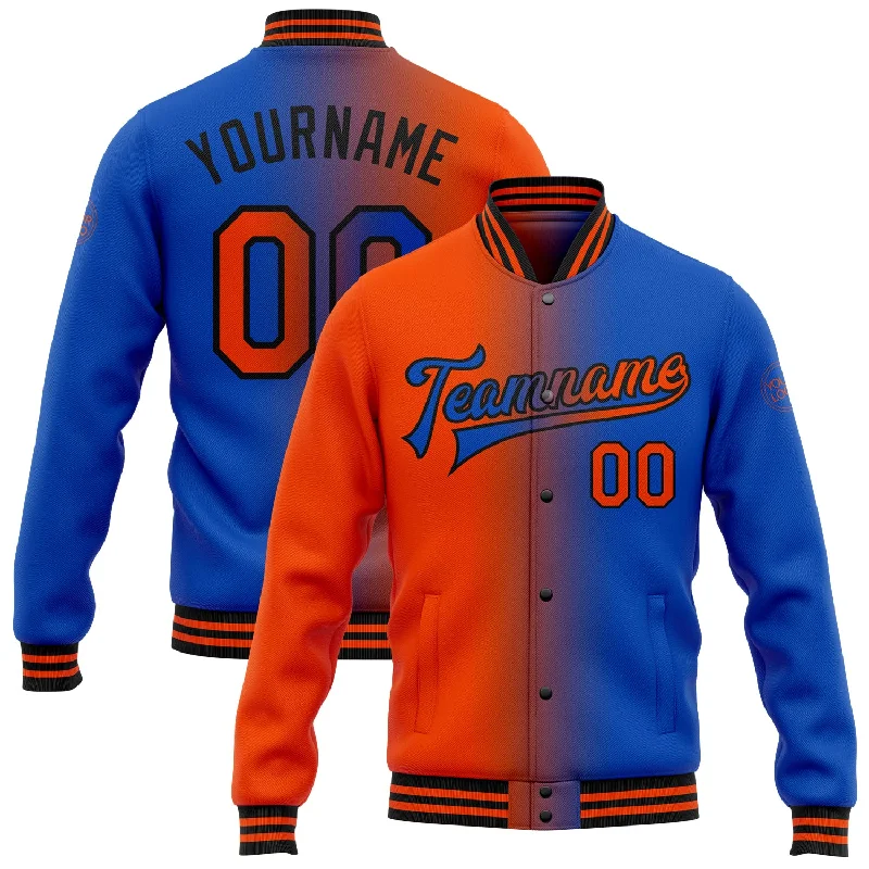 Oversized And Relaxed Unisex Fashion Bold Fashion Sales Custom Thunder Blue Orange-Black Bomber Full-Snap Varsity Letterman Gradient Fashion Jacket