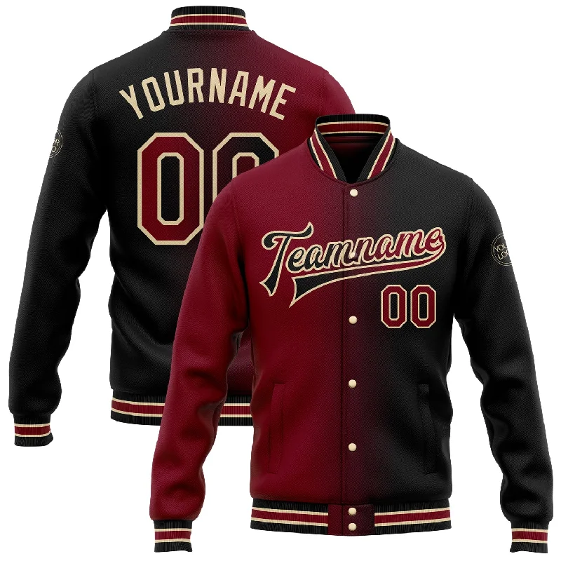 Versatile And Stylish Unisex Apparel Fashion Deal Custom Black Crimson-City Cream Bomber Full-Snap Varsity Letterman Gradient Fashion Jacket