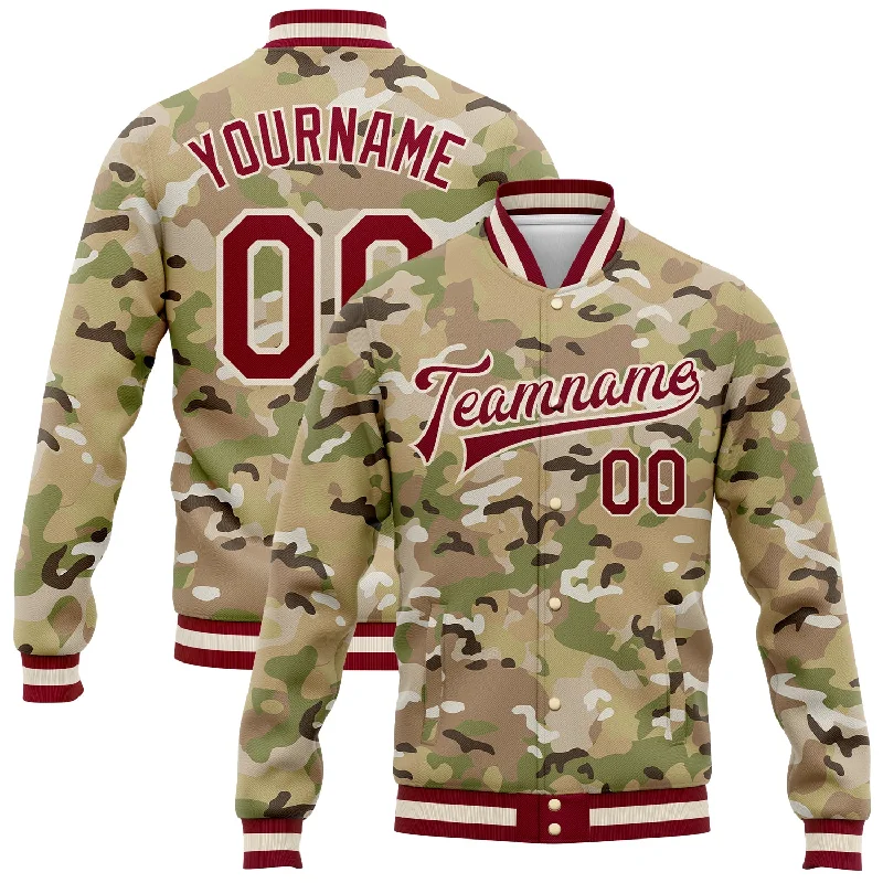 Fashion-Forward Gender-Neutral Outerwear Vintage-Inspired Style Offers Custom Camo Maroon-Cream Desert Camouflage 3D Bomber Full-Snap Varsity Letterman Salute To Service Jacket