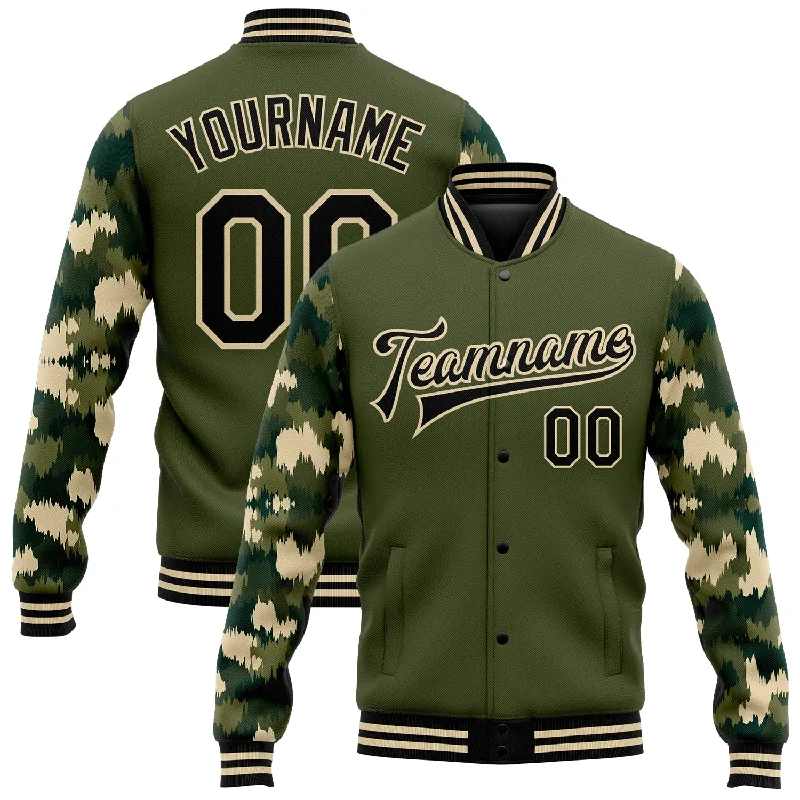 Comfortable Gender-Free Fashion Choices Minimalist Fashion Sale Custom Olive Black-Cream Camo Sleeves 3D Pattern Design Bomber Full-Snap Varsity Letterman Salute To Service Jacket