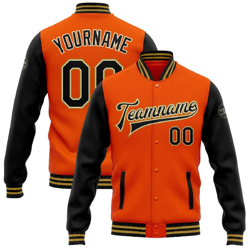 Unisex Casual Wear For All Seasons Classic Chic Deals Custom Orange Black Cream-Old Gold Bomber Full-Snap Varsity Letterman Two Tone Jacket