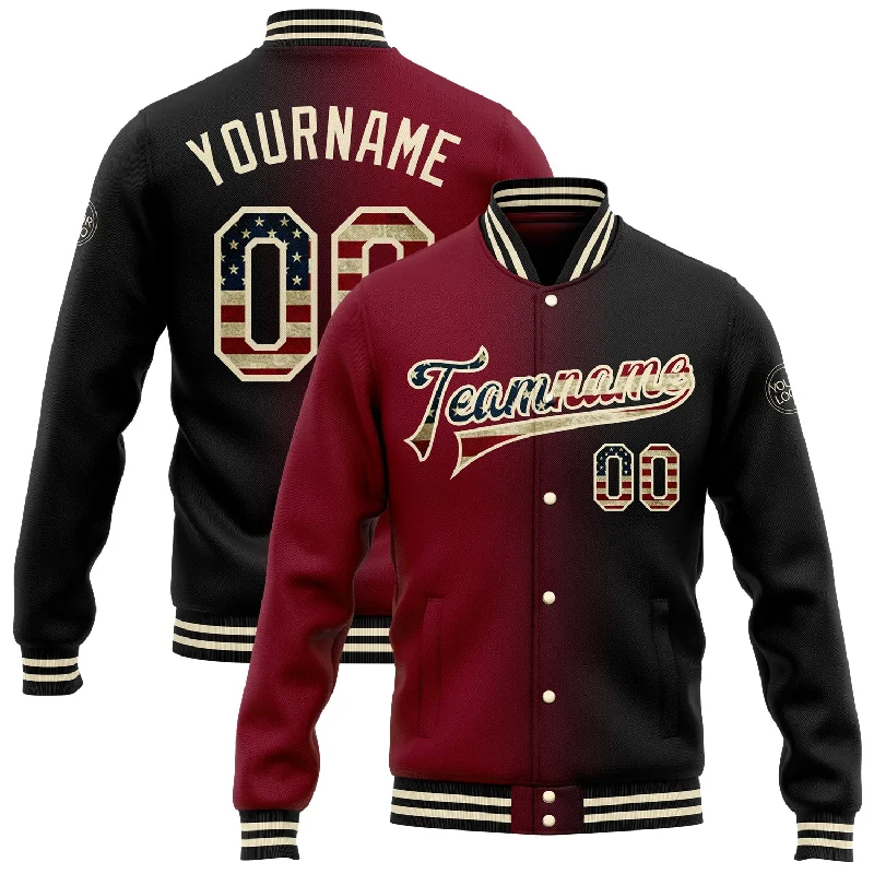 Fashion-Forward Unisex Apparel New Styles Just In Custom Black Vintage USA Flag Crimson-Cream Bomber Full-Snap Varsity Letterman Gradient Fashion Jacket