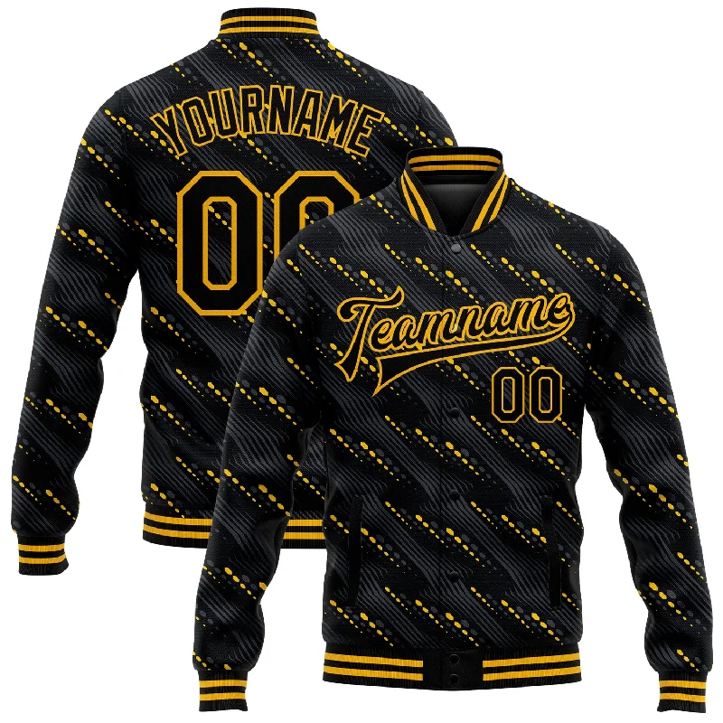 Contemporary Gender-Free Clothing Styles Timeless Elegance Sale Custom Black Gold 3D Pattern Design Bomber Full-Snap Varsity Letterman Jacket