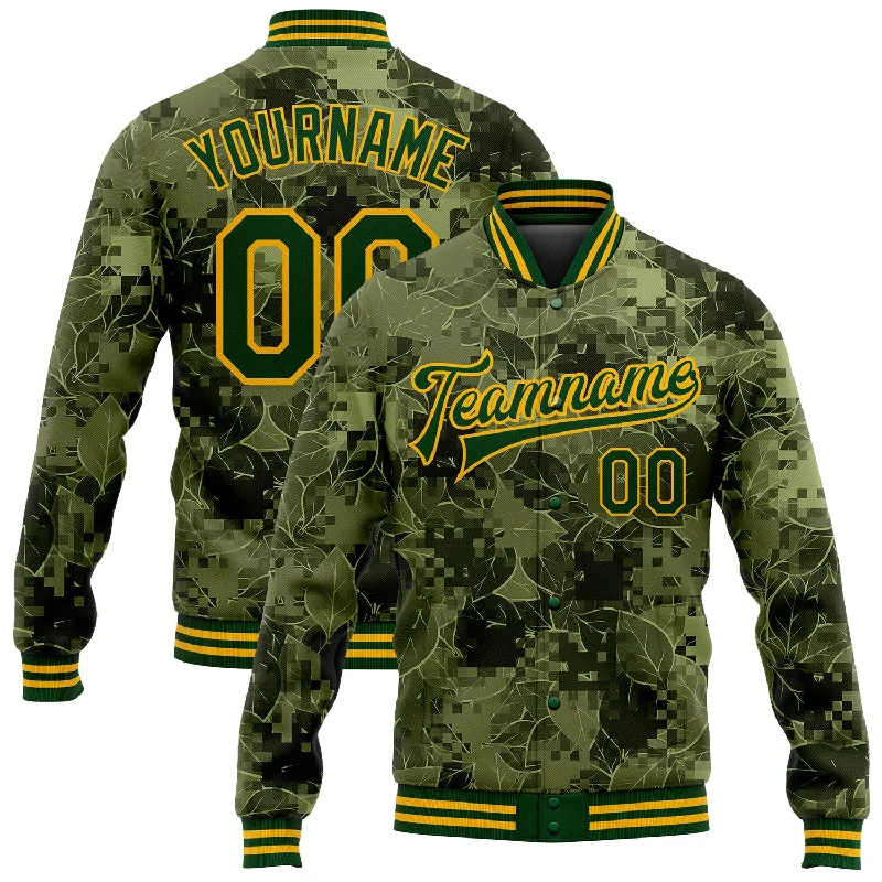 Trendy Unisex Streetwear Fashion Luxury Fashion Custom Camo Green-Gold Leaves 3D Pattern Design Bomber Full-Snap Varsity Letterman Salute To Service Jacket