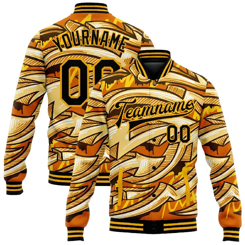 Comfortable Gender-Free Fashion Choices Discount Extravaganza Custom Graffiti Pattern Black-Gold Bright Colored Funky Abstract Arrows 3D Bomber Full-Snap Varsity Letterman Jacket