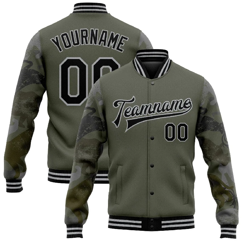 Elegant And Minimal Gender-Free Clothing Casual Chic Deals Custom Olive Black-Gray Animal Camo Sleeves 3D Pattern Design Bomber Full-Snap Varsity Letterman Salute To Service Jacket