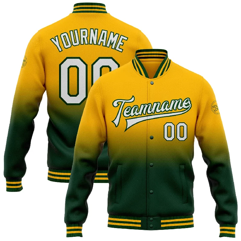 Sleek And Contemporary Gender-Free Outfits Limited Styles Custom Gold White-Green Bomber Full-Snap Varsity Letterman Fade Fashion Jacket