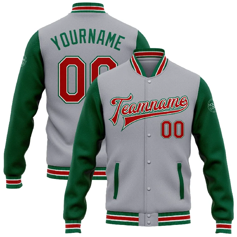 Versatile Clothing For All Genders Flash Sale Fever Custom Gray Red-Kelly Green Bomber Full-Snap Varsity Letterman Two Tone Jacket