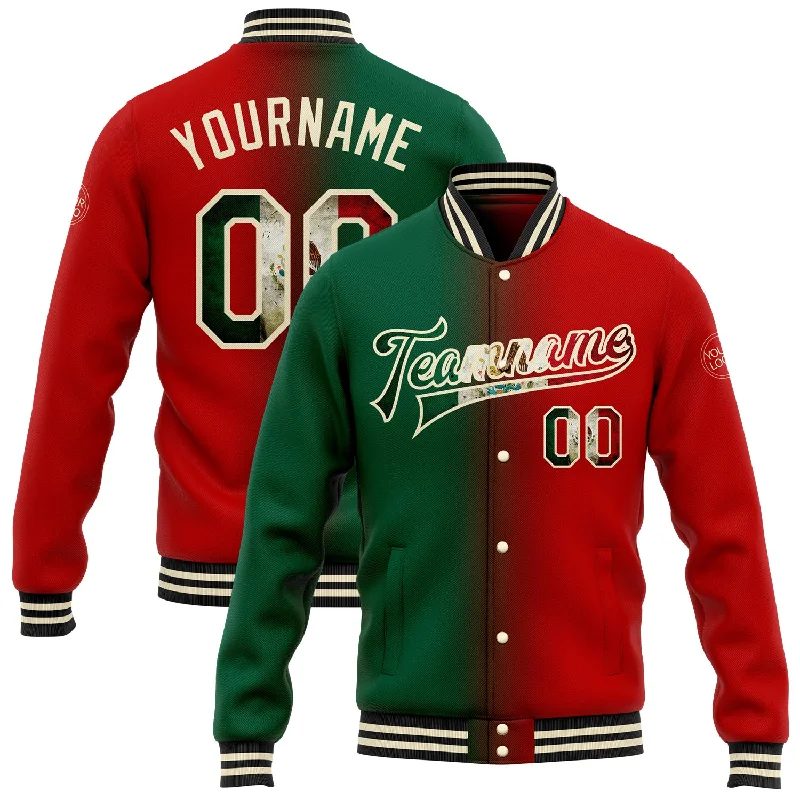 Sustainable Gender-Neutral Apparel Daily Deals Custom Red Vintage Mexican Flag Kelly Green Cream-Black Bomber Full-Snap Varsity Letterman Gradient Fashion Jacket