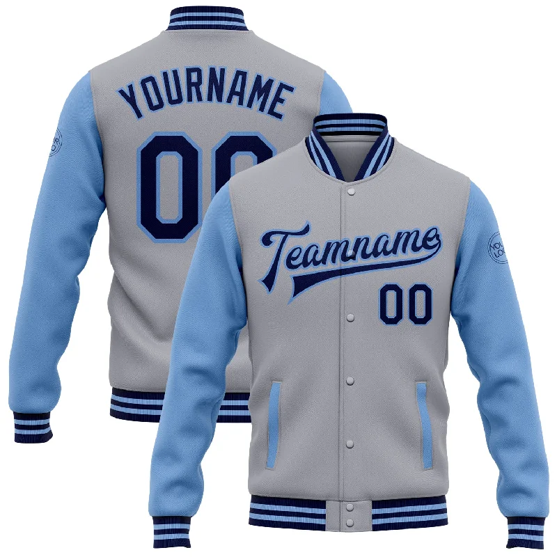 Elegant And Minimal Gender-Free Clothing Summer Deals Custom Gray Navy-Light Blue Bomber Full-Snap Varsity Letterman Two Tone Jacket