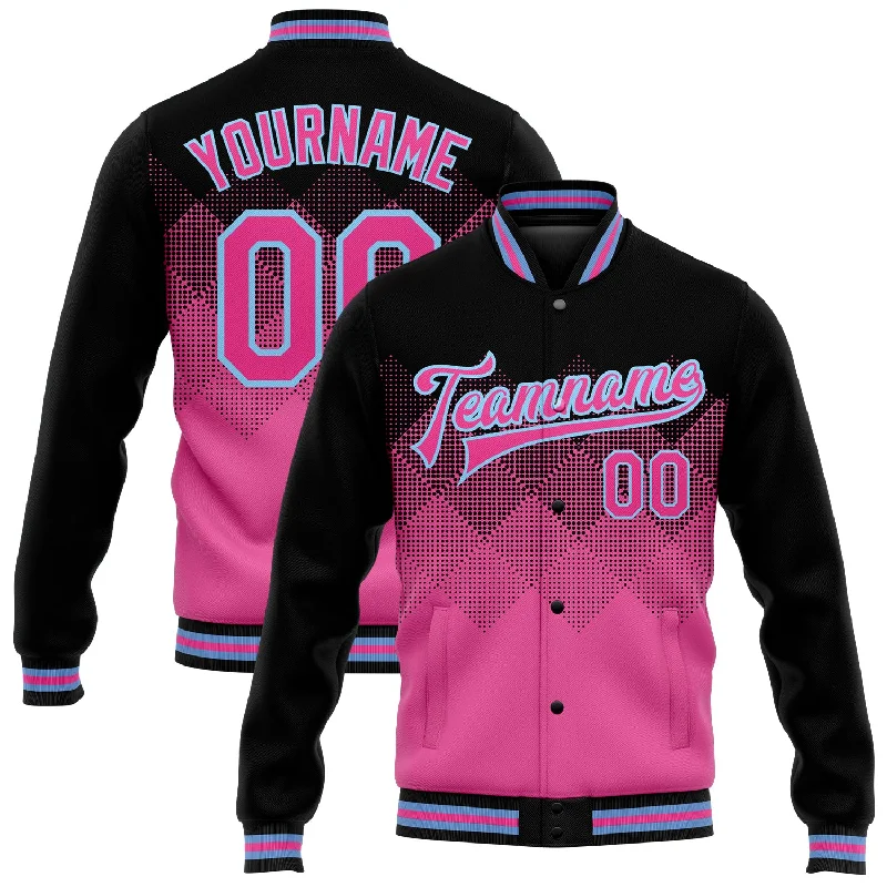 Chic And Contemporary Unisex Clothing Choices Sleek Style Discounts Custom Pink Light Blue-Black 3D Pattern Design Bomber Full-Snap Varsity Letterman Jacket