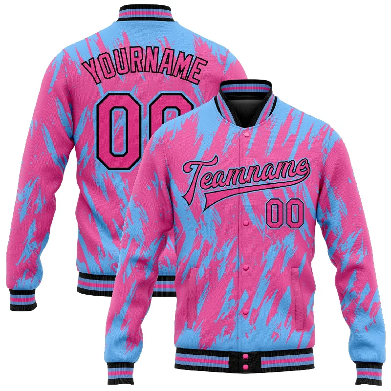 Versatile Clothing For All Genders Bold Fashion Sales Custom Pink Light Blue-Black 3D Pattern Design Bomber Full-Snap Varsity Letterman Jacket