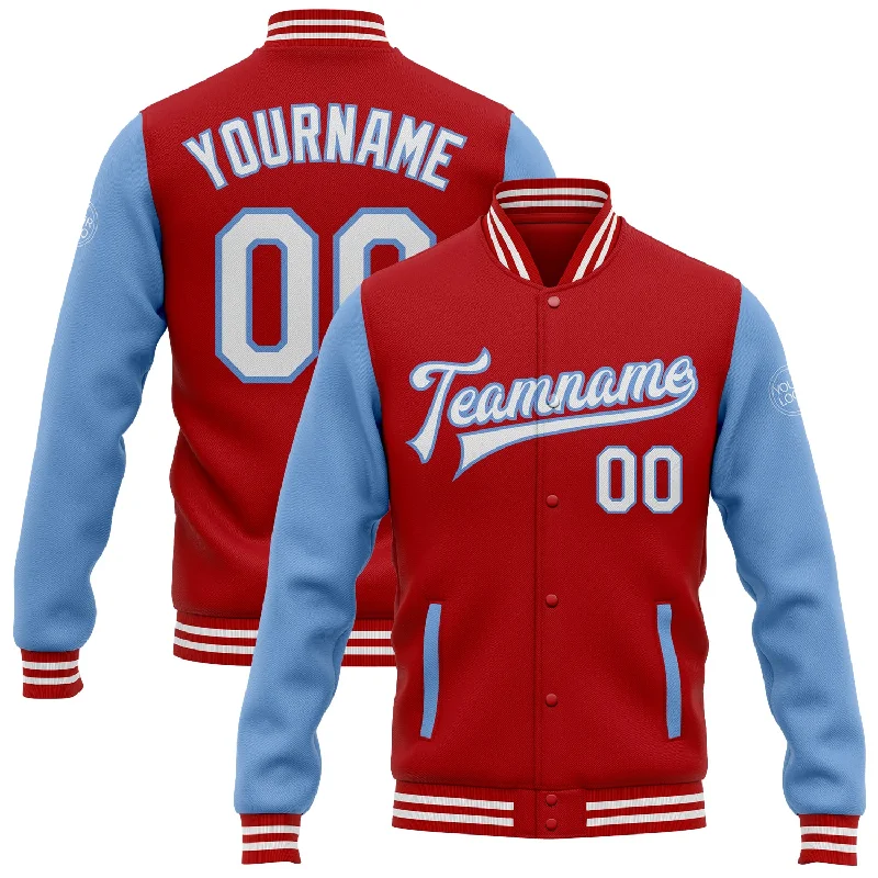 Breathable And Lightweight Unisex Wear Weekend Exclusive Custom Red White-Light Blue Bomber Full-Snap Varsity Letterman Two Tone Jacket