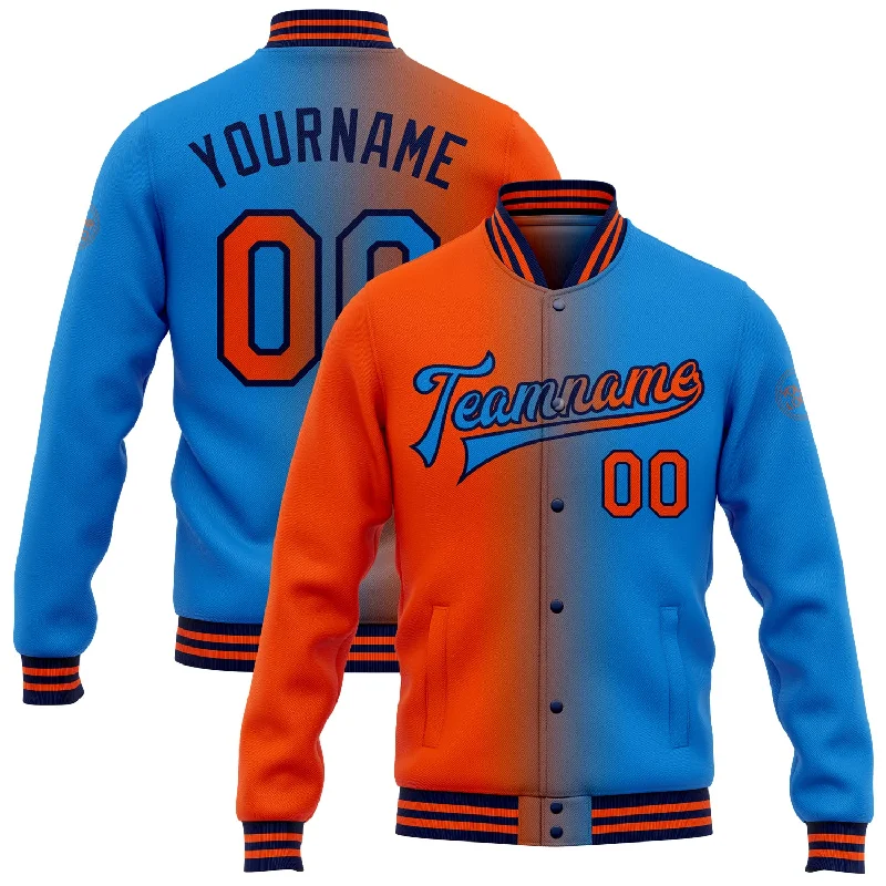 Elegant And Minimal Gender-Free Clothing Avant-Garde Style Promotions Custom Powder Blue Orange-Navy Bomber Full-Snap Varsity Letterman Gradient Fashion Jacket