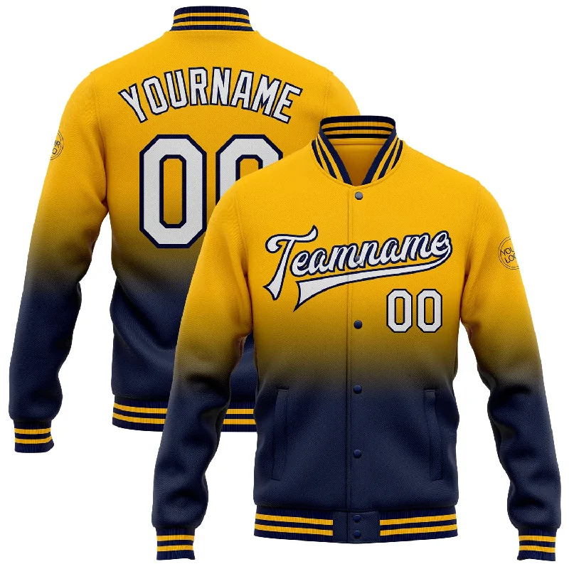 Versatile Gender-Free Wardrobe Essentials Fashion Forward Femininity Custom Gold White-Navy Bomber Full-Snap Varsity Letterman Fade Fashion Jacket