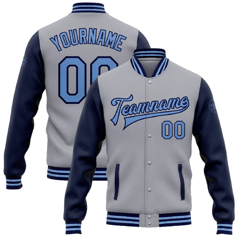 Unisex Casual Fashion Trends Hurry Before It'S Gone Custom Gray Light Blue-Navy Bomber Full-Snap Varsity Letterman Two Tone Jacket