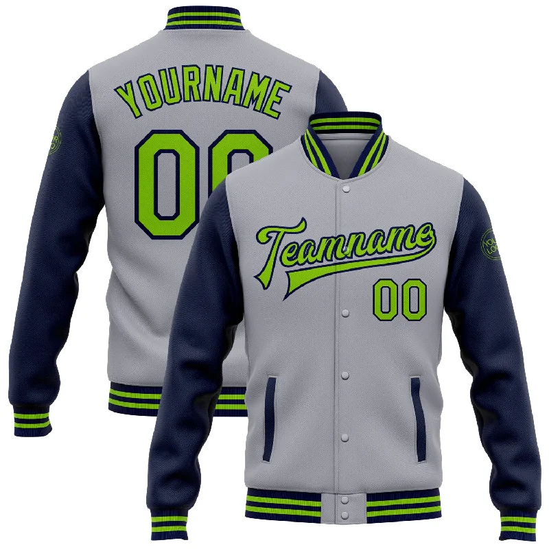 Bold And Trendy Gender-Neutral Outfits Limited Time Offers Custom Gray Neon Green-Navy Bomber Full-Snap Varsity Letterman Two Tone Jacket