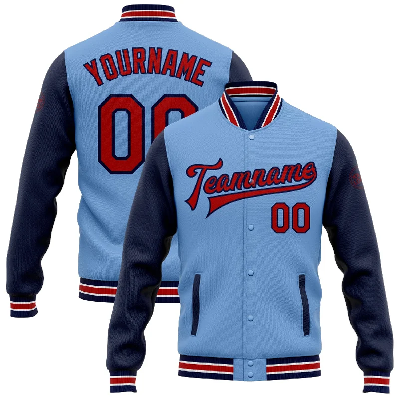 Minimalist Unisex Fashion Essentials Mega Sale Custom Light Blue Red-Navy Bomber Full-Snap Varsity Letterman Two Tone Jacket